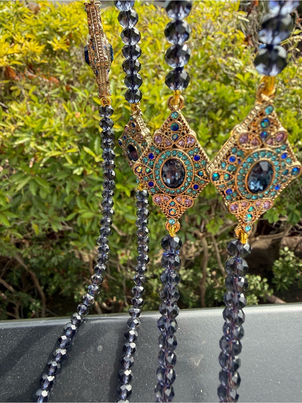 Heidi Daus Dark Blue Beaded Necklace with Ornate Rhinestone Pendants